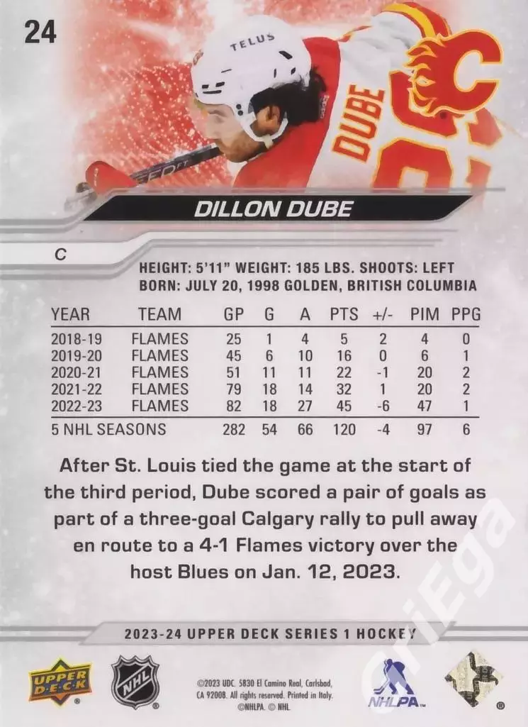2023/24 Upper Deck Hockey #24 Dillon Dube/Диллон Дюбе (Calgary Flames) 1