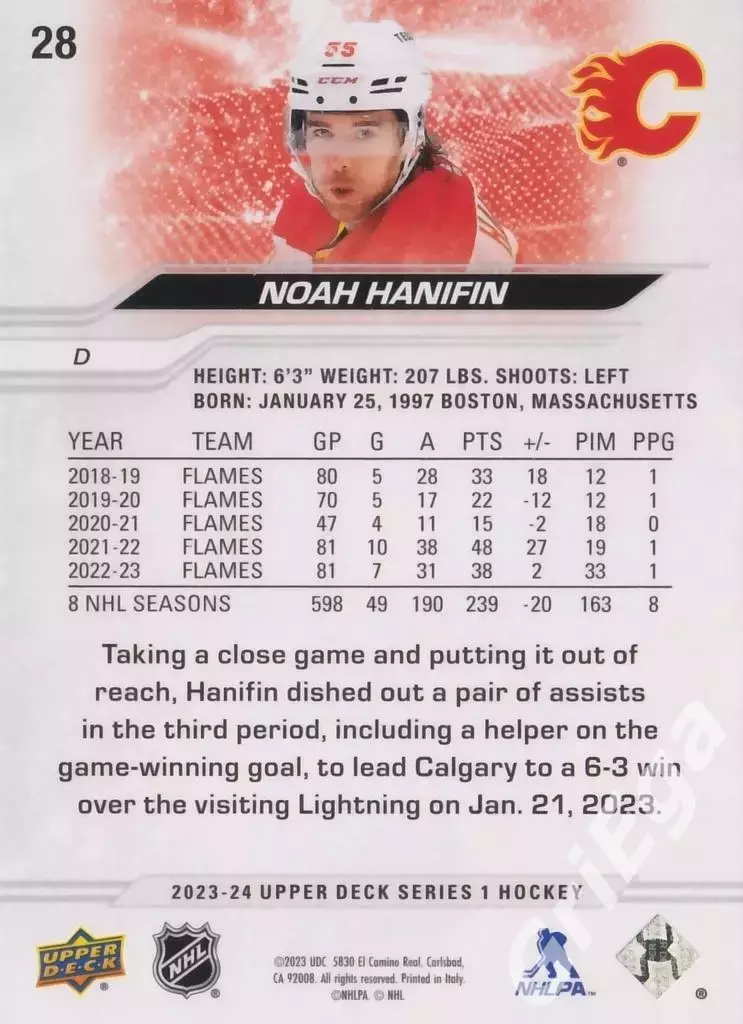 2023/24 Upper Deck Hockey #28 Noah Hanifin (Calgary Flames) 1