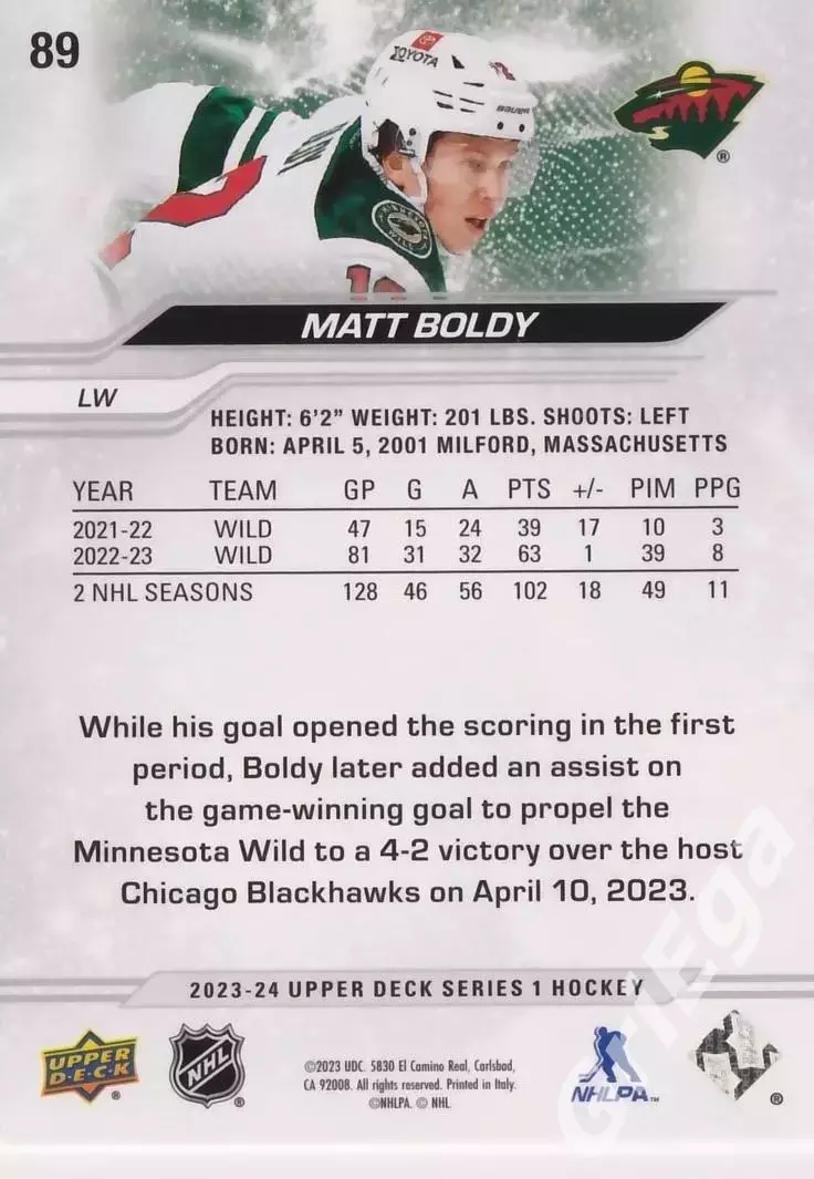 2023/24 Upper Deck Hockey #89 Matt Boldy (Minnesota Wild) 1