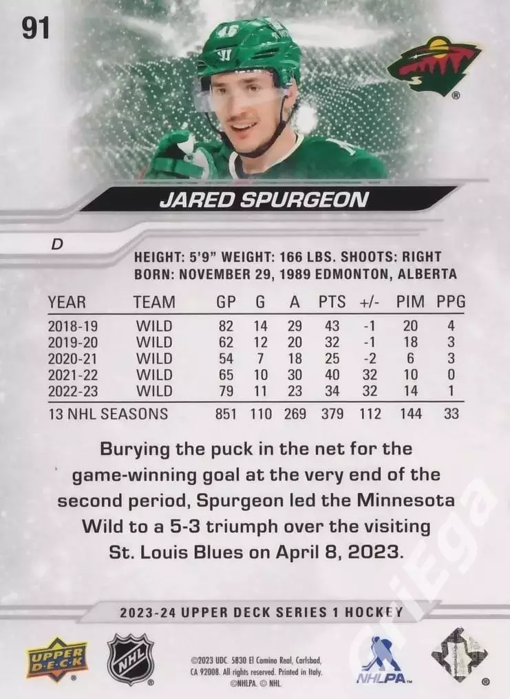 2023/24 Upper Deck Hockey #91 Jared Spurgeon (Minnesota Wild) 1
