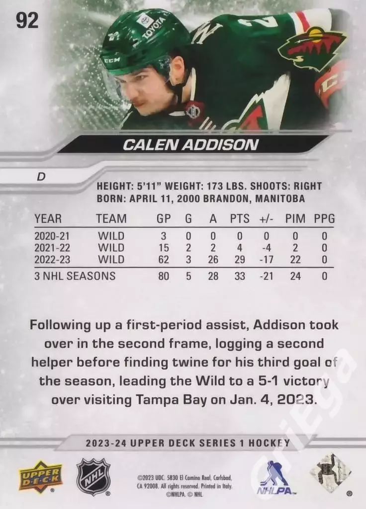 2023/24 Upper Deck Hockey #92 Calen Addison (Minnesota Wild) 1