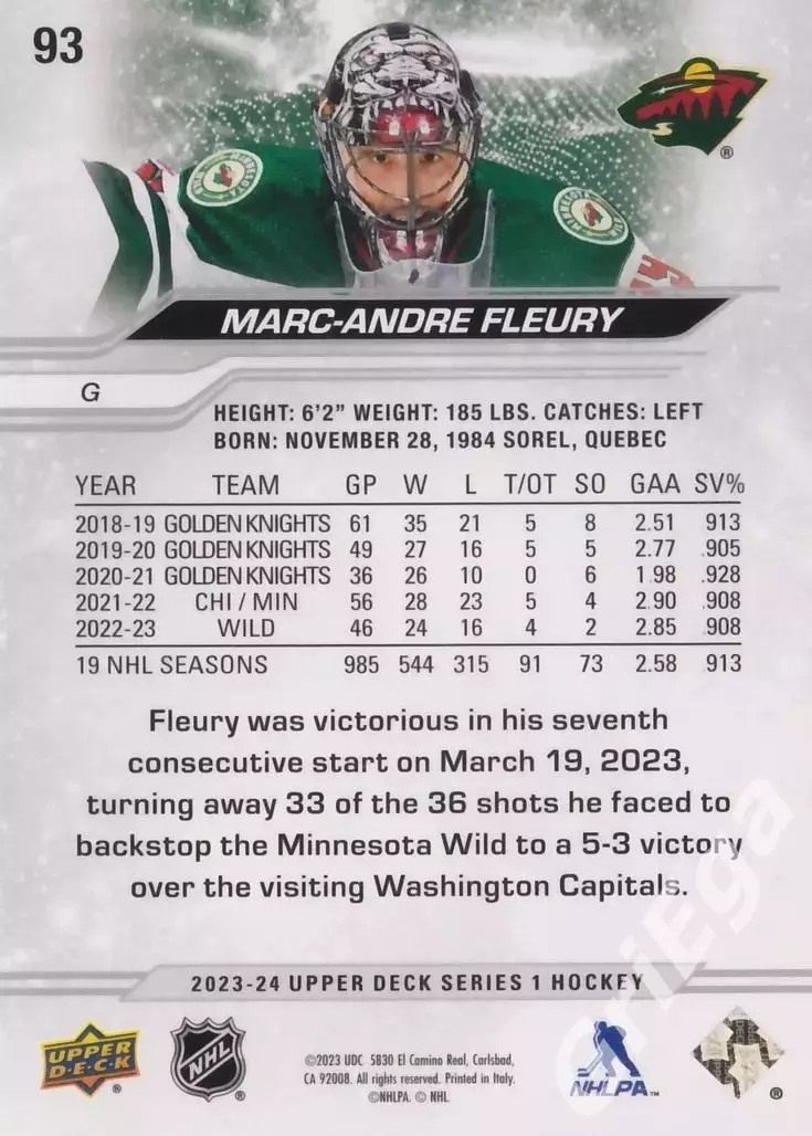 2023/24 Upper Deck Hockey #93 Marc-Andre Fleury (Minnesota Wild) 1