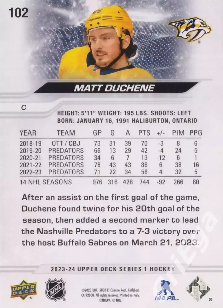 2023/24 Upper Deck Hockey #102 Matt Duchene (Nashville Predators) 1