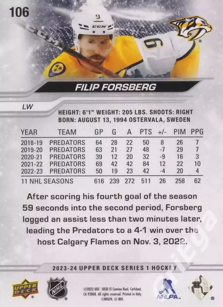 2023/24 Upper Deck Hockey #106 Filip Forsberg (Nashville Predators) 1