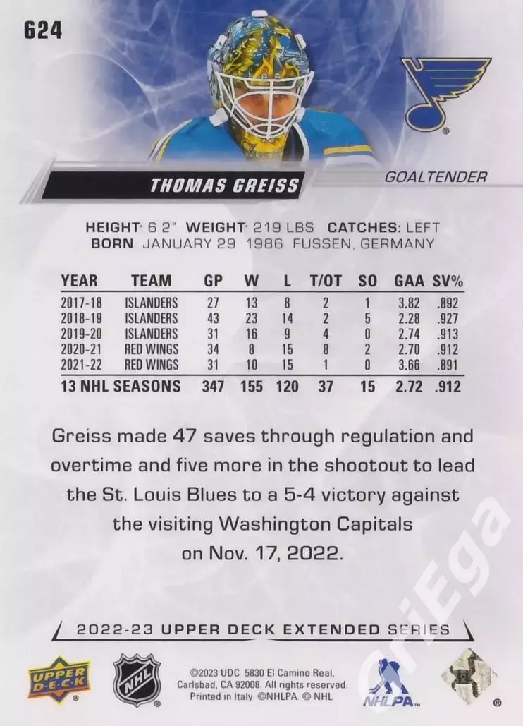 2022/23 Upper Deck Hockey #624 Thomas Greiss (St. Louis Blues) 1