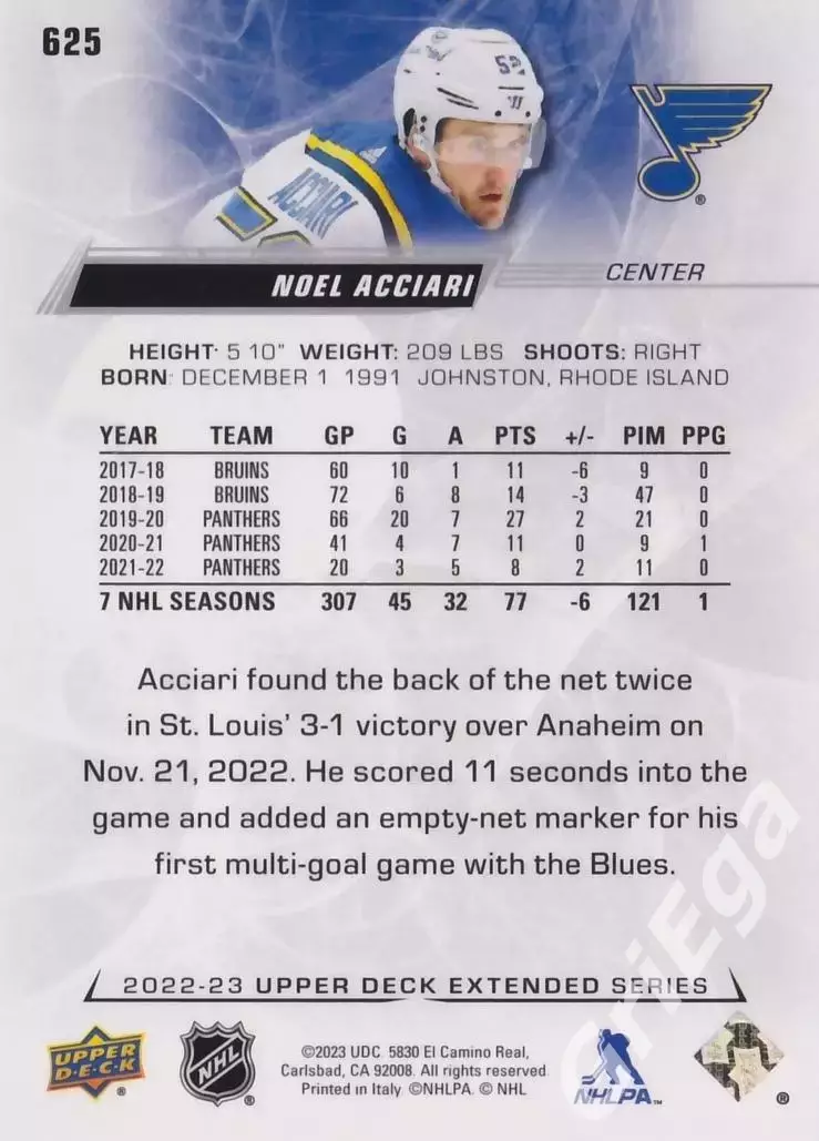 2022/23 Upper Deck Hockey #625 Noel Acciari (St. Louis Blues) 1