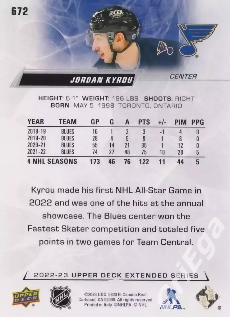 2022/23 Upper Deck Hockey #672 Jordan Kyrou (St. Louis Blues) 1