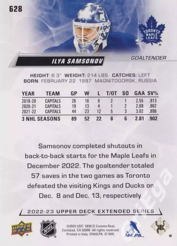 2022/23 Upper Deck Hockey #628 Ilya Samsonov/Илья Самсонов (Toronto Maple Leafs) 1
