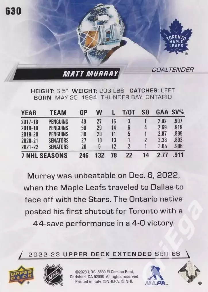2022/23 Upper Deck Hockey #630 Matt Murray (Toronto Maple Leafs) 1