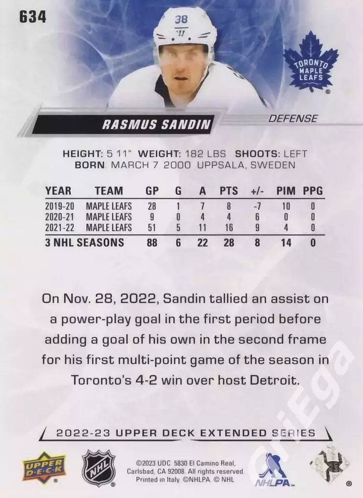 2022/23 Upper Deck Hockey #634 Rasmus Sandin (Toronto Maple Leafs) 1