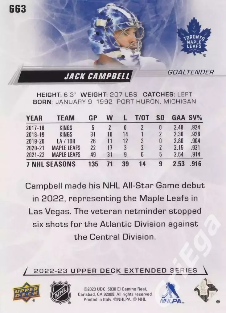 2022/23 Upper Deck Hockey #663 Jack Campbell (Toronto Maple Leafs) 1