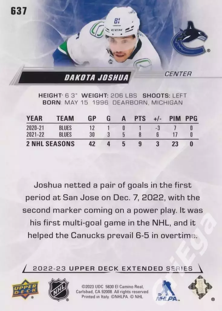 2022/23 Upper Deck Hockey #637 Dakota Joshua (Vancouver Canucks) 1
