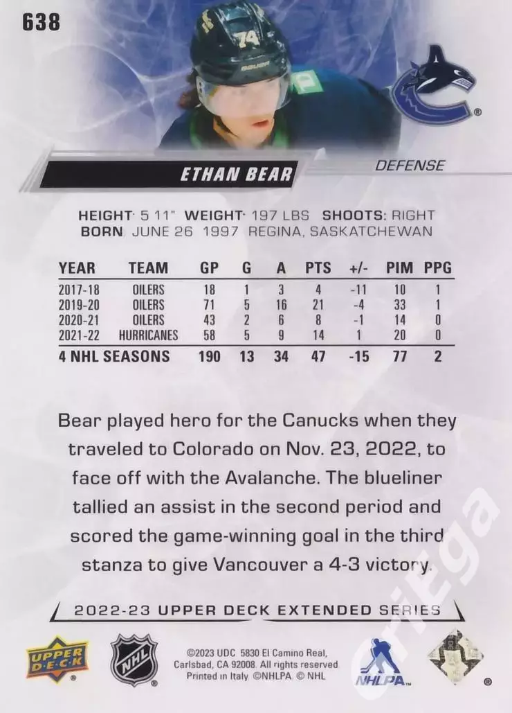 2022/23 Upper Deck Hockey #638 Ethan Bear (Vancouver Canucks) 1