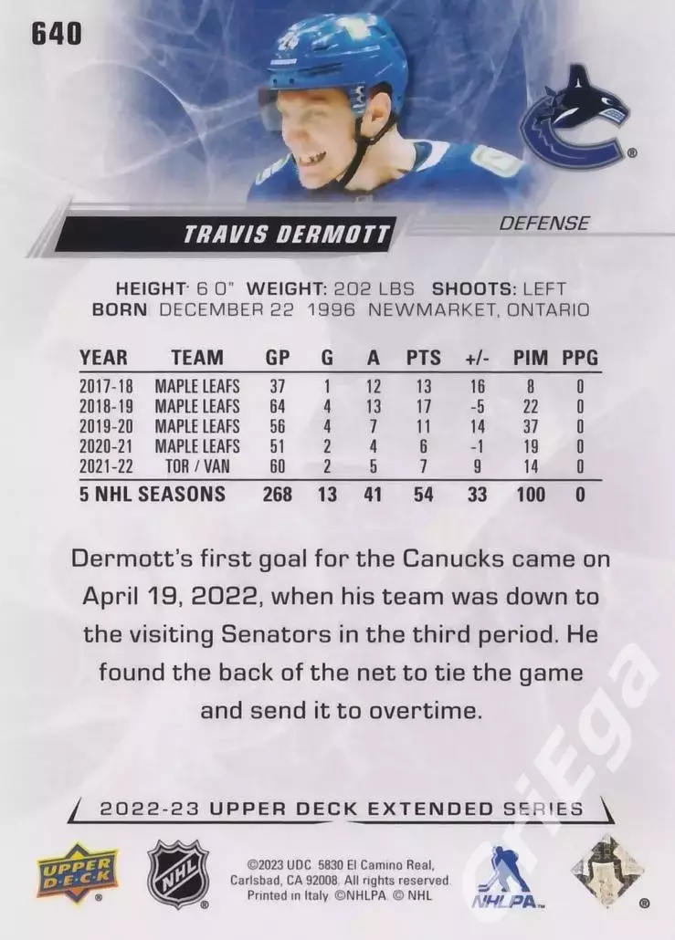 2022/23 Upper Deck Hockey #640 Travis Dermott (Vancouver Canucks) 1