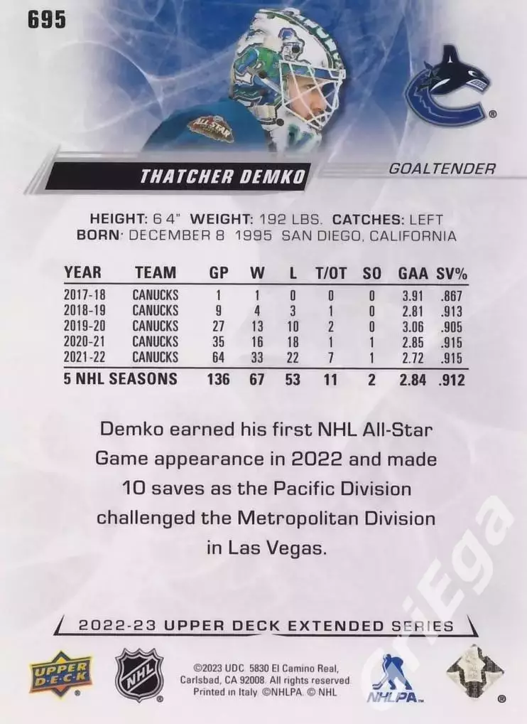 2022/23 Upper Deck Hockey #695 Thatcher Demko (Vancouver Canucks) 1