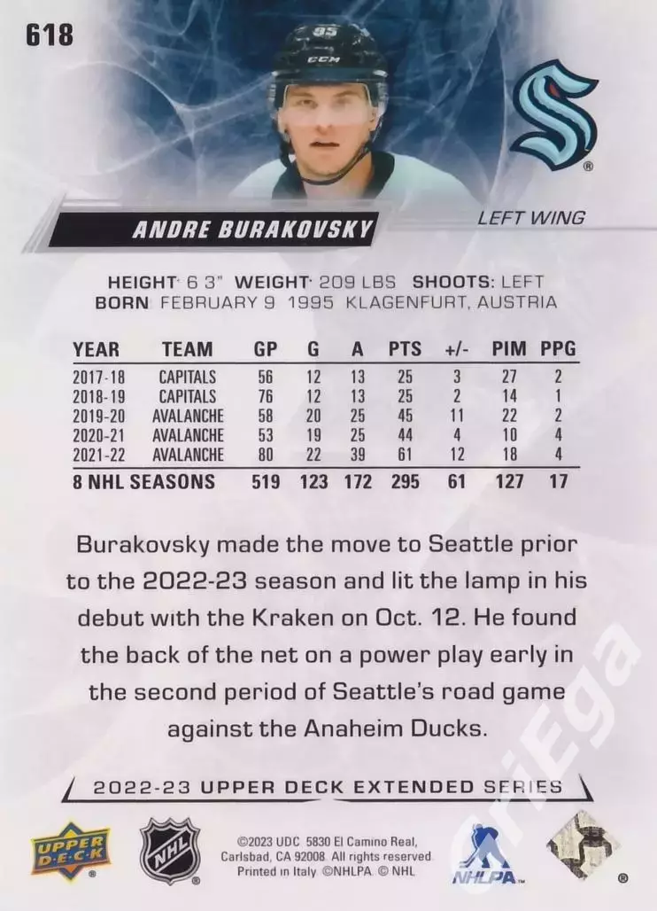 2022/23 Upper Deck Hockey #618 Andre Burakovsky (Seattle Kraken) 1