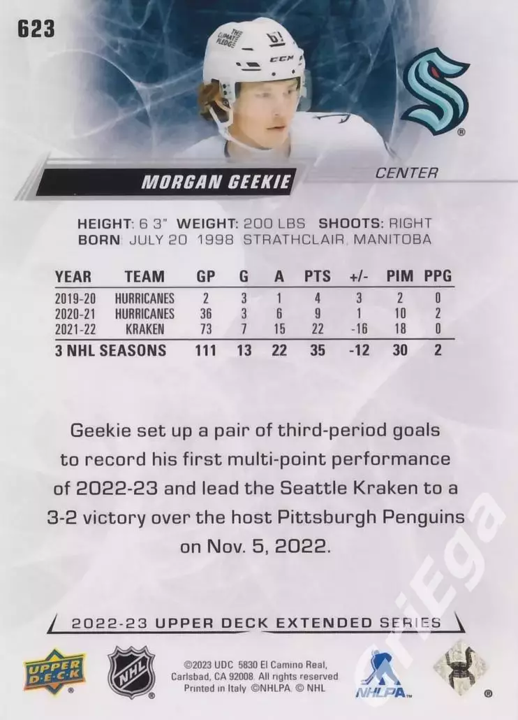 2022/23 Upper Deck Hockey #623 Morgan Geekie (Seattle Kraken) 1