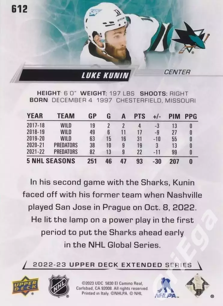 2022/23 Upper Deck Hockey #612 Luke Kunin (San Jose Sharks) 1