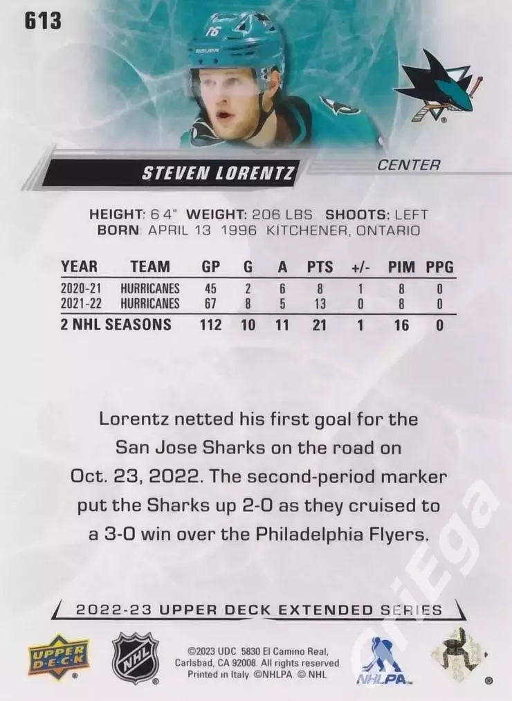 2022/23 Upper Deck Hockey #613 Steven Lorentz (San Jose Sharks) 1