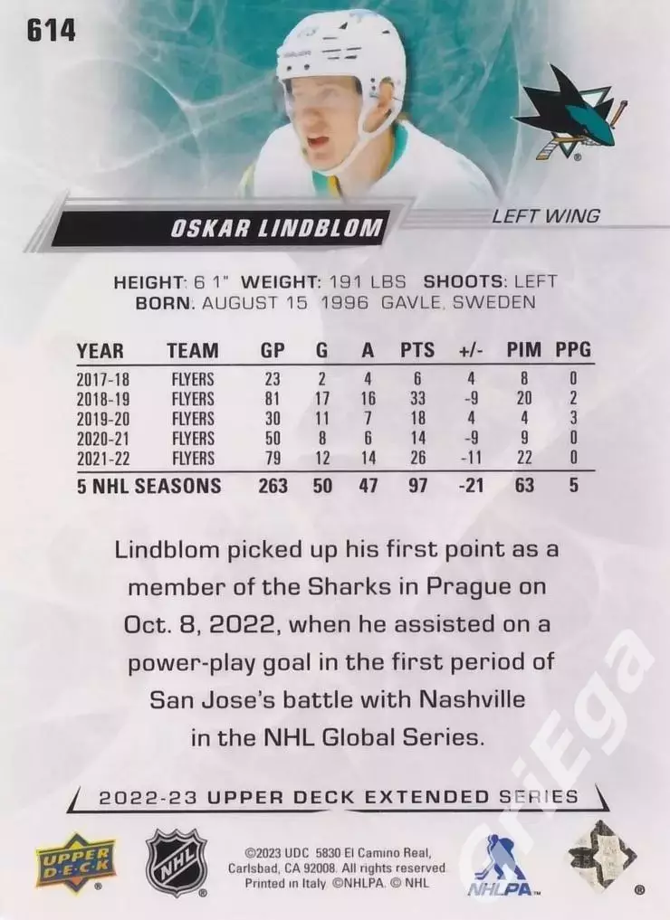 2022/23 Upper Deck Hockey #614 Oskar Lindblom (San Jose Sharks) 1