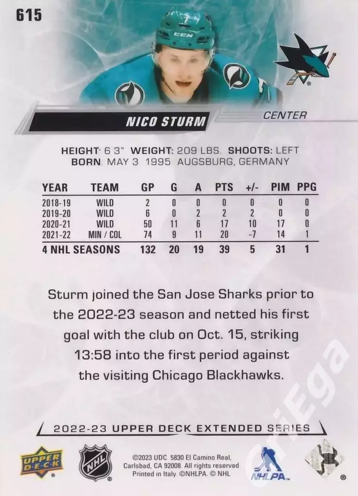 2022/23 Upper Deck Hockey #615 Nico Sturm (San Jose Sharks) 1