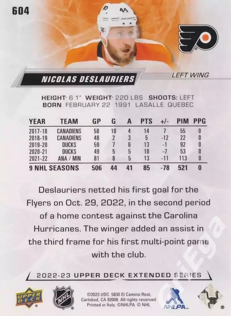 2022/23 Upper Deck Hockey #604 Nicolas Deslauriers (Philadelphia Flyers) 1