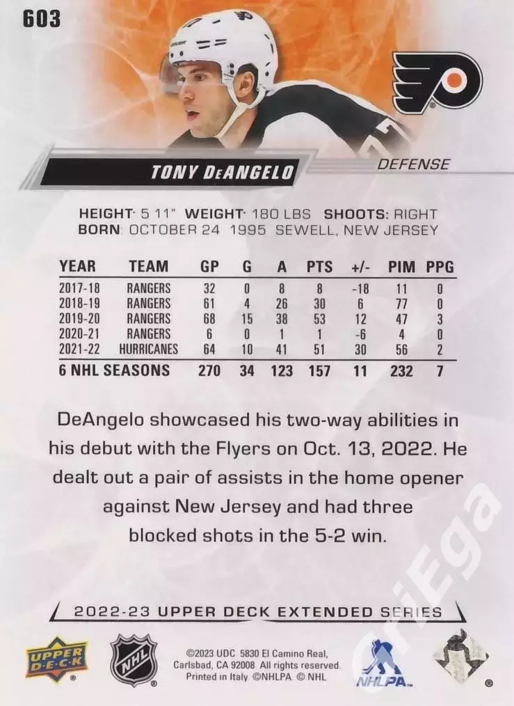 2022/23 Upper Deck Hockey #603 Tony DeAngelo (Philadelphia Flyers) 1