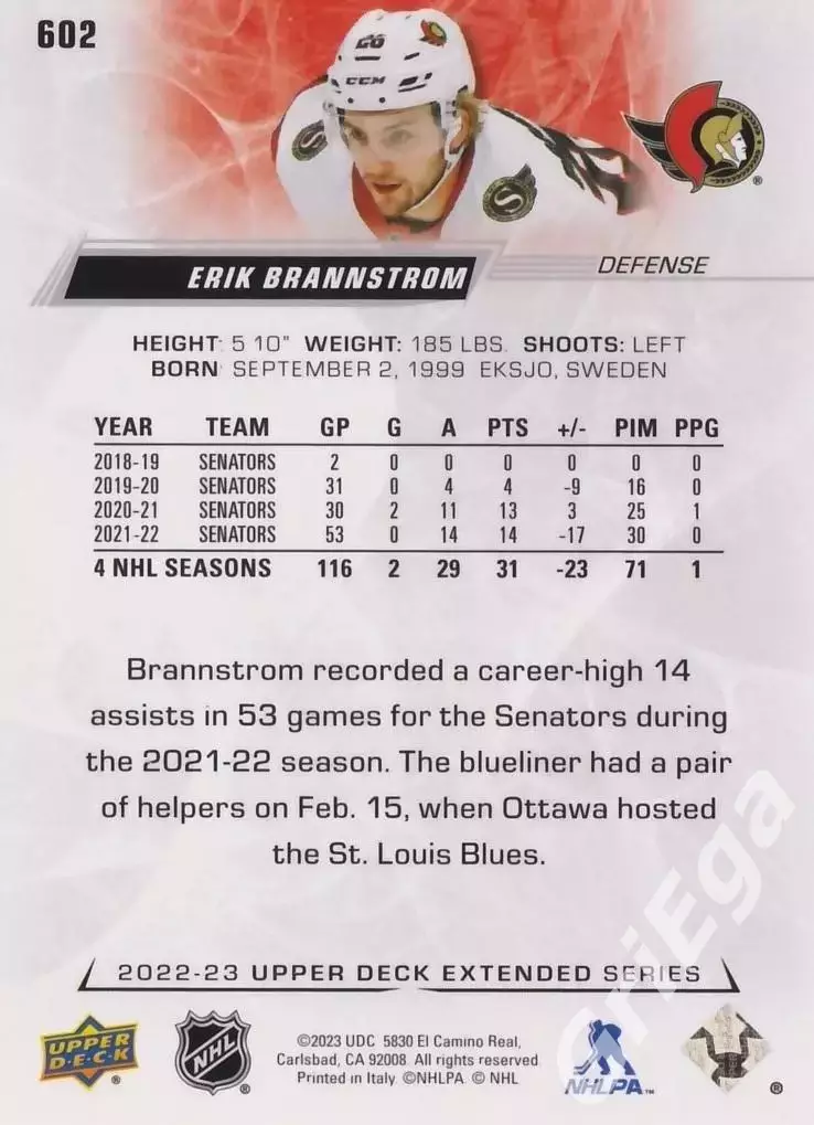 2022/23 Upper Deck Hockey #602 Erik Brannstrom (Ottawa Senators) 1