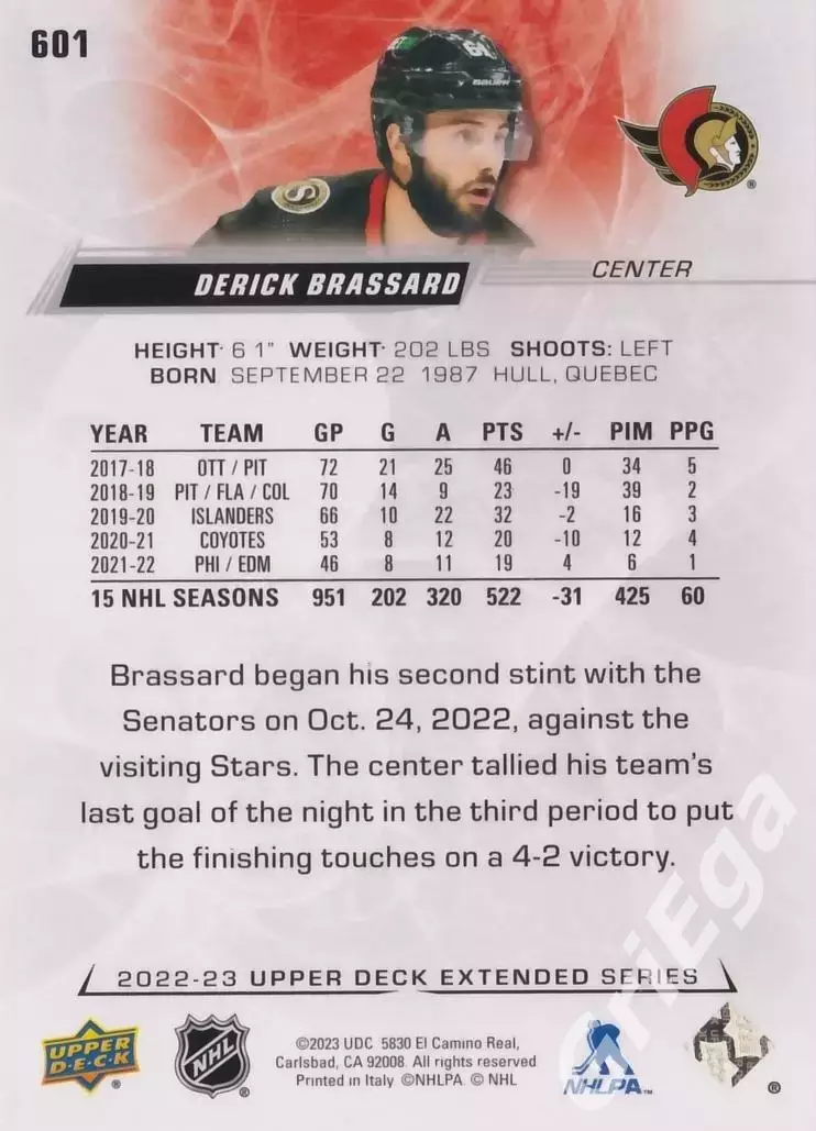2022/23 Upper Deck Hockey #601 Derick Brassard (Ottawa Senators) 1