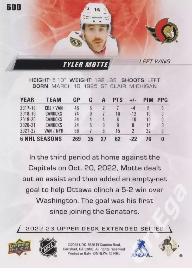 2022/23 Upper Deck Hockey #600 Tyler Motte (Ottawa Senators) 1