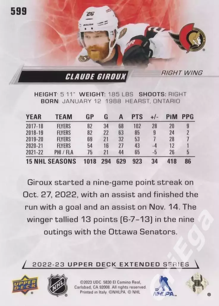 2022/23 Upper Deck Hockey #599 Claude Giroux (Ottawa Senators) 1