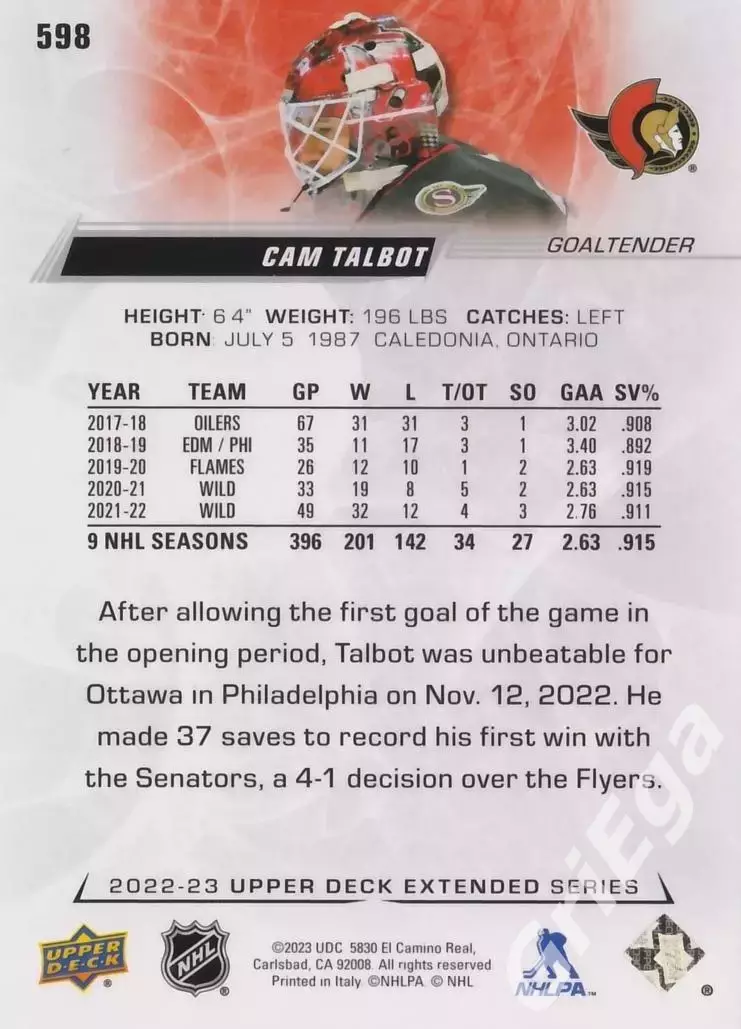 2022/23 Upper Deck Hockey #598 Cam Talbot (Ottawa Senators) 1