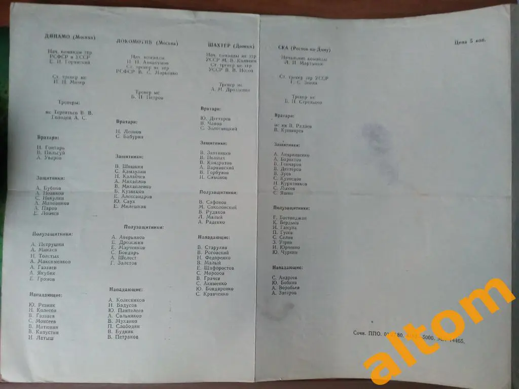 Турнир Сочи 1980 Зенит Ленинград, Динамо Москва, Локомотив, Шахтер Донецк и др 1