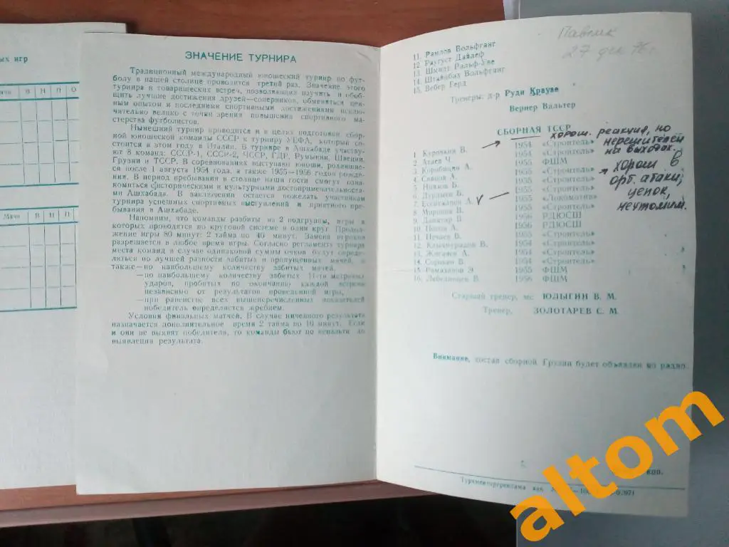 Ашхабад 1977 юношеский турнир сборных команд СССР, Грузия, ТССР, Румыния, ГДР 1