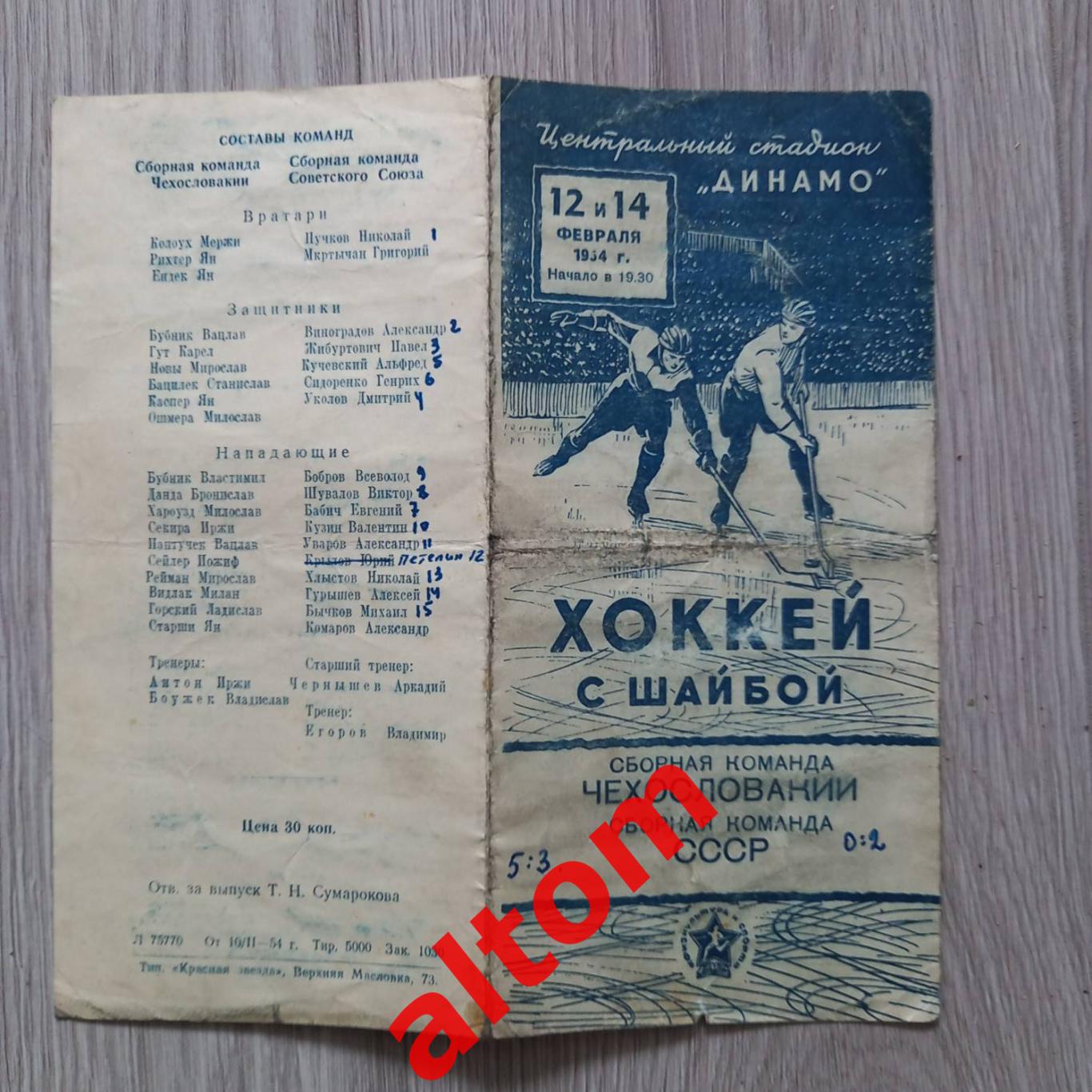 1954 СССР Чехословакия сборная хоккей