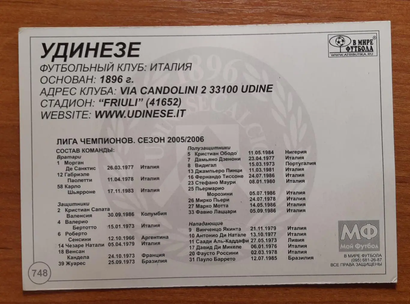 Карточка Удинезе. В мире футбола. 1