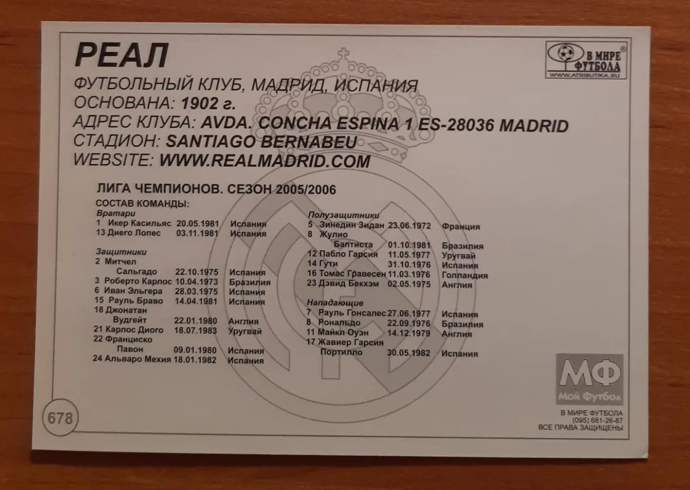 Карточка Реал Мадрид. В мире футбола. 1