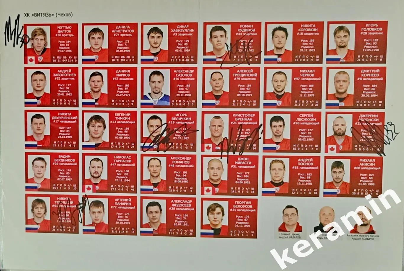 Витязь Чехов автографы Далтон, Кудинов, Величкин, Бреннан, Яблонский, Точинский.