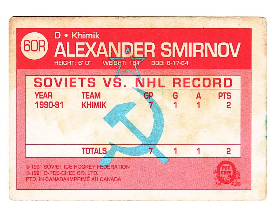 Хоккейная карточка 1991-92 O-PEE-CHEE Inserts 60R Александр Смирнов 1