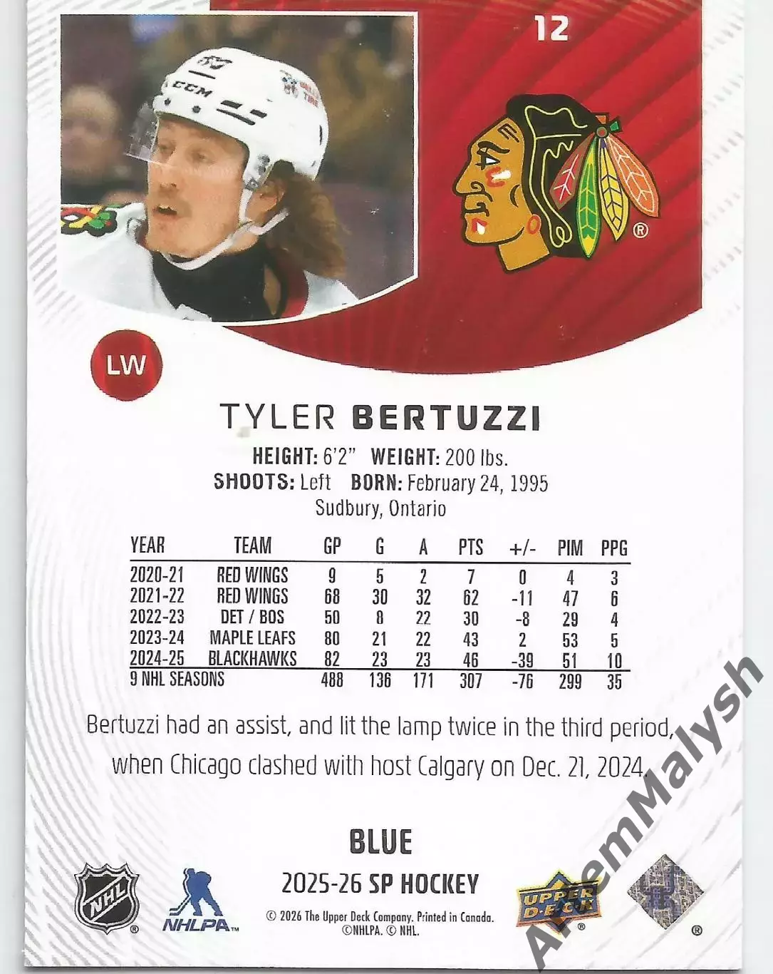 Карточка НХЛ.Upper Deck SP 2025-2026.Тайлер Бертуцци /Tyler Bertuzzi (Чикаго) 1