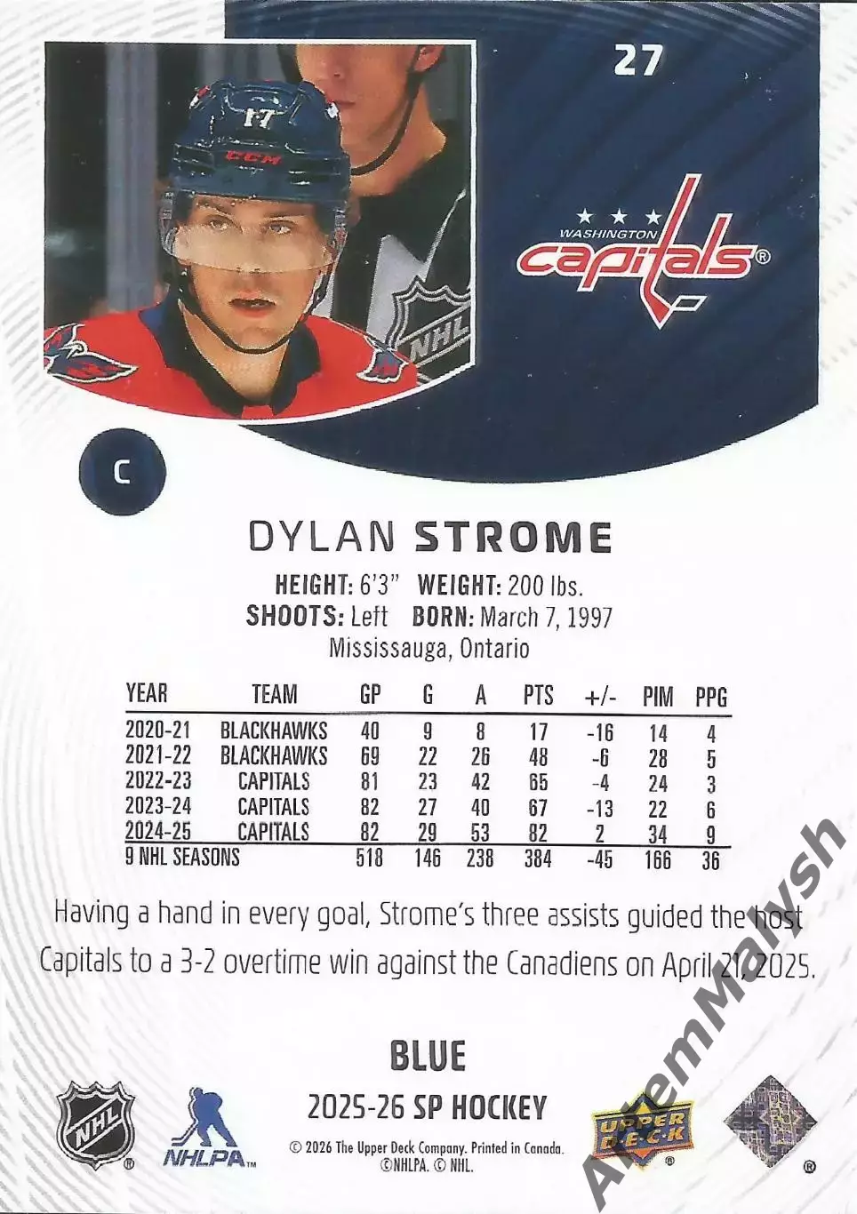 Карточка НХЛ.Upper Deck SP 2025-2026. Дилан Строум /Dylan Strome (Вашингтон ) 1