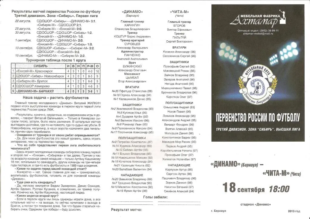 Динамо Барнаул - Чита-М 18.09.2013