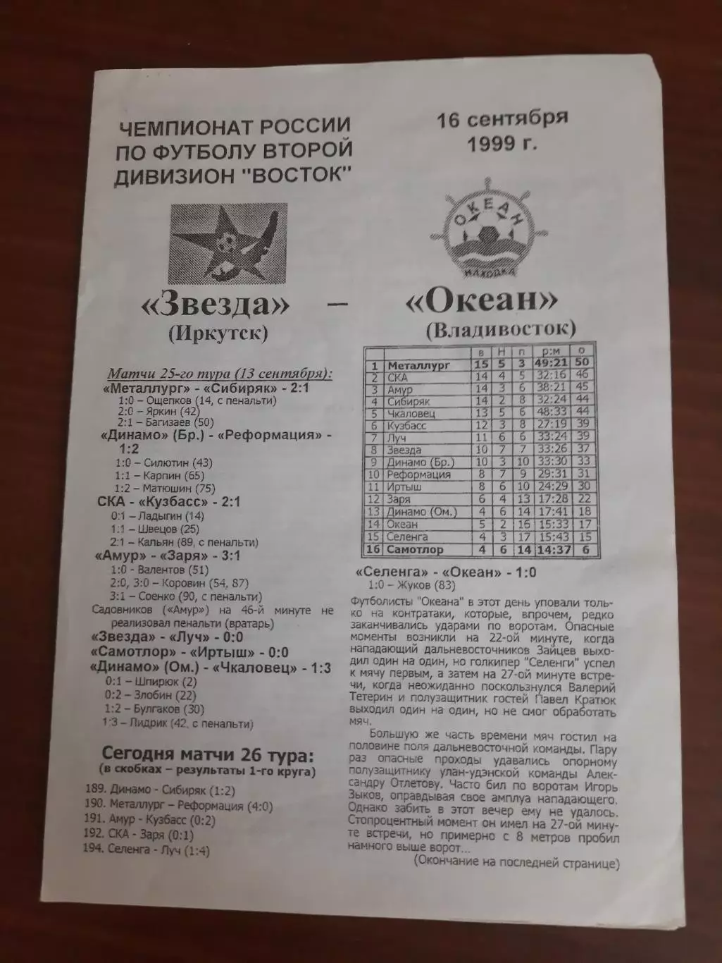 Звезда Иркутск Океан Находка 16.09.1999 на обложке ошибочно написано Владивосток