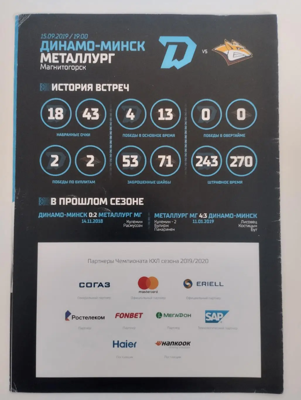 Динамо Минск - Металлург Магнитогорск - 15.09.2019