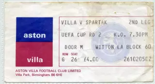 Билет Астон Вилла Англия-Спартак Москва 02.11.1983 г.