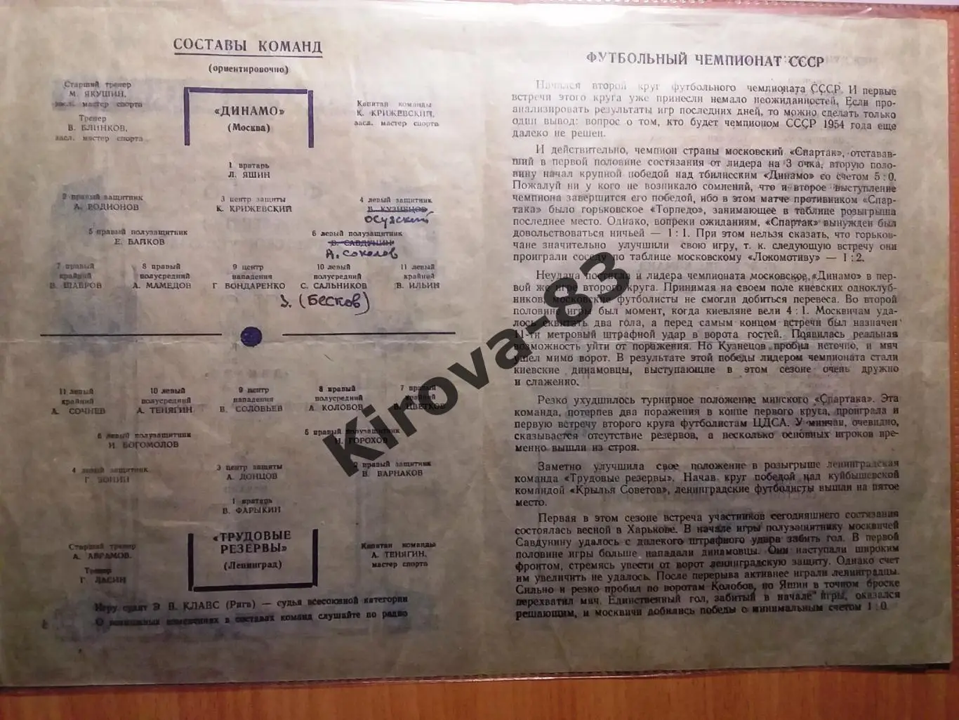 Трудовые Резервы - Динамо Москва 1954 1
