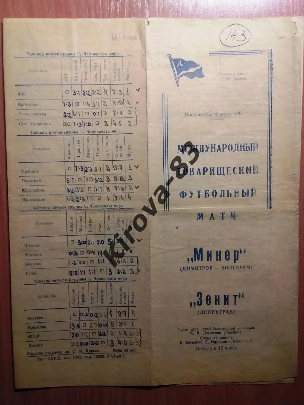 Зенит Ленинград - Минер Болгария 1958