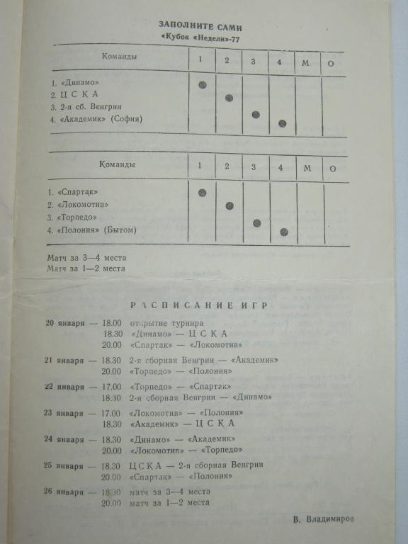 1977 Межд.турнир на кубок «Недели» 1