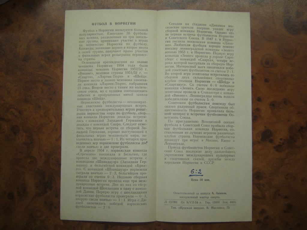 1954 Спартак(Москва) - сб.Норвегии 1