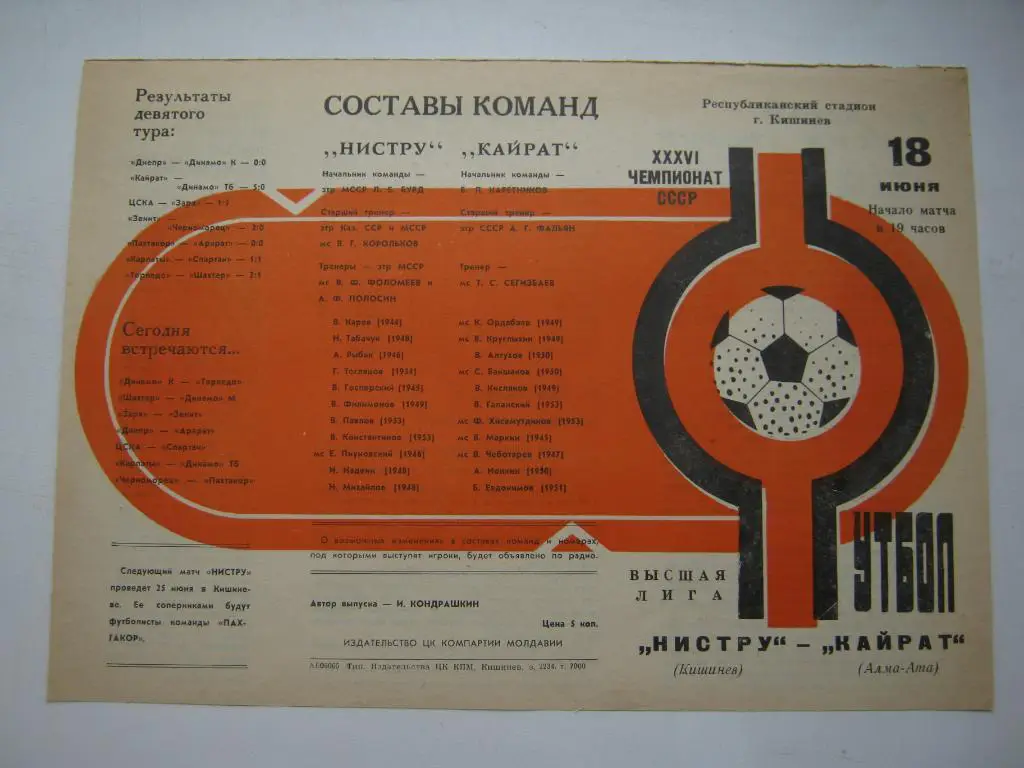 1974 Нистру(Кишинёв) - Кайрат(Алма-Ата)